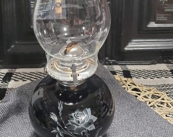 Vintage Hurricane Oil Lamp by Lamp Lighter Farms - Black Bowl with White Rose Design