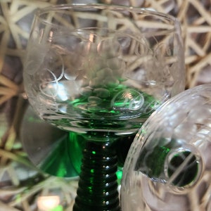 Vintage Green Ringed Stem Clear Etched Bowl 4 1/2&quot; Wine Glasses
