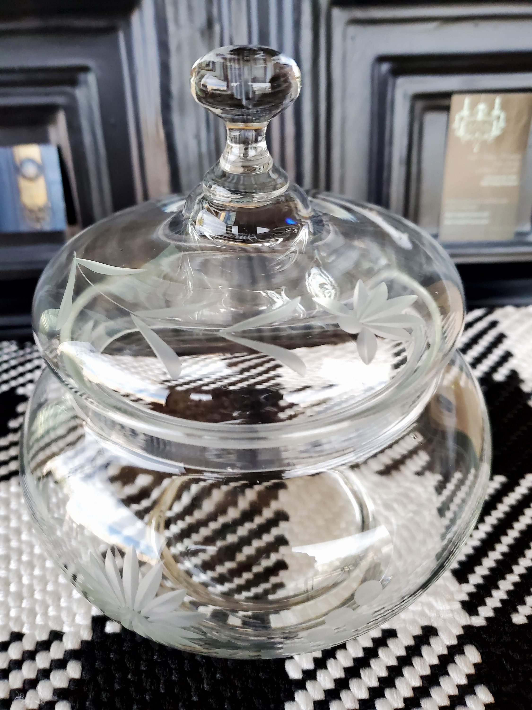 Vintage Clear Floral Etched Decorative Bowl with Lid