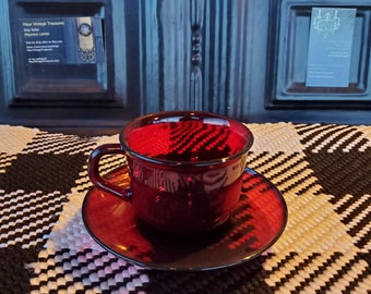 Vintage Arcoroc Ruby Red Tea Cup & Saucer with Anchor Hocking Leaf Bowls