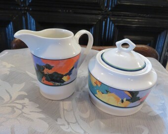 Modern, Abstract Vintage "Van Gogh" Sugar Bowl with Lid and Creamer by Optima Designed by Christopher Stuart