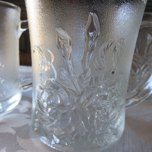Vintage Clear Stippled/Textured Glass with Embossed Roses &quot;Livia&quot; Coffee Mugs by Pasari Crystal