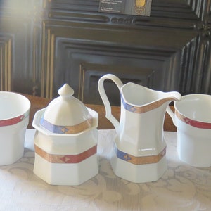 Vintage &quot;Diamond Optic&quot; Sugar Bowl with Lid, Creamer and Two Coffee Cups by Christopher Stuart