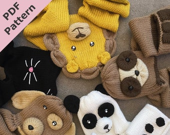 Knitting machine pattern for animal hat/scarves including sloth, lion, panda, puppy, cat and koala