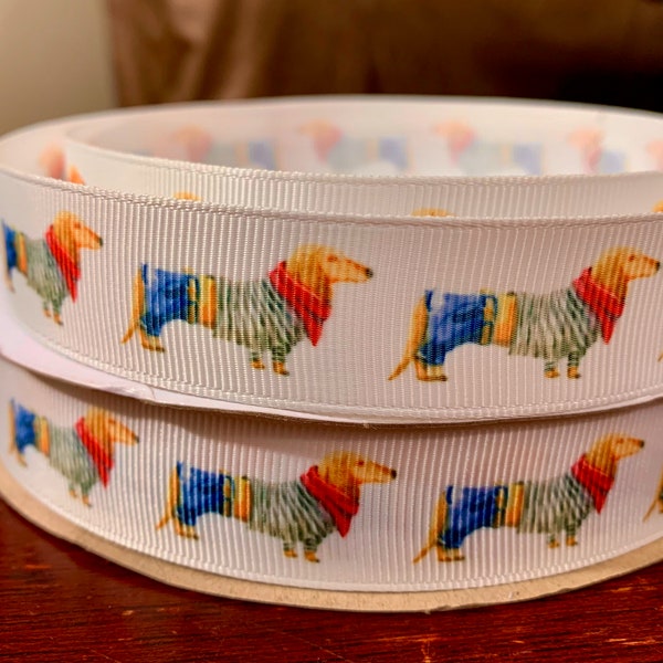 Casually Dressed Dachshunds Repeating  Logos on 7/8" White Grosgrain Ribbon - 3 Yards