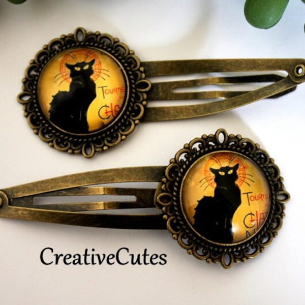 Cute Cat Hair Clips, Tournee du Chat Noir by Rodolphe Salis Art, Set of 2 Brass Snap Clips, Colorful Cats, Glass Cabochons, Boho Cat Clips