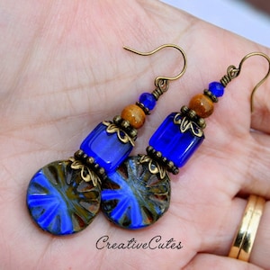 Rustic Boho Cobalt Blue Earrings, Unique Czech Glass Beads, Brown Ceramic Beads, Rustic Bronze Earrings, Colorful Bohemian Beaded Dangles image 1