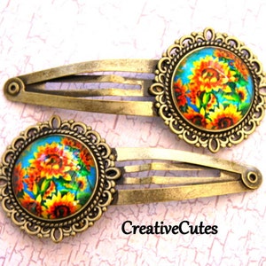 Colorful Boho Sunflower Hair Clips, Set of 2 Brass Spring Snap Clips, Glass Cabochons over Bright Sunflowers Images, Women & Girls Barrettes