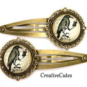 Rustic Gothic Raven Hair Clips, Set of 2 Brass Snap Clips, Black & White Reading Raven Images under Glass, Funky Steampunk Hair Clips