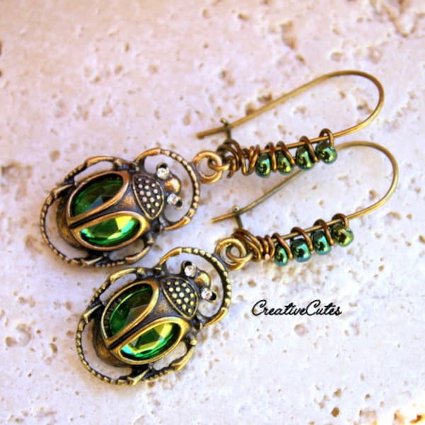 Scarab Earrings, Emerald Green Jewels, Brass Egyptian Scarab Beetles, Metallic Czech Bead Earrings, Rustic Bohemian Scarab Jewelry