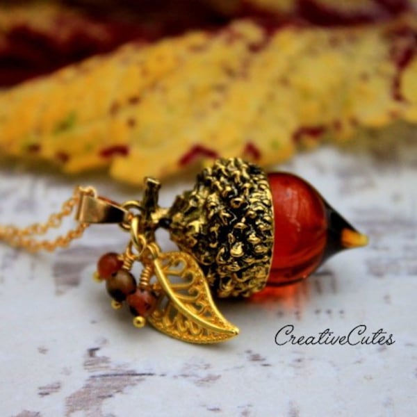 Rustic Boho Acorn Pendant Necklace, Glass Acorn with Gold Cap, Gold Leaf Charm, Tiny Dendritic Opal Gemstone Beads, Autumn Bohemian