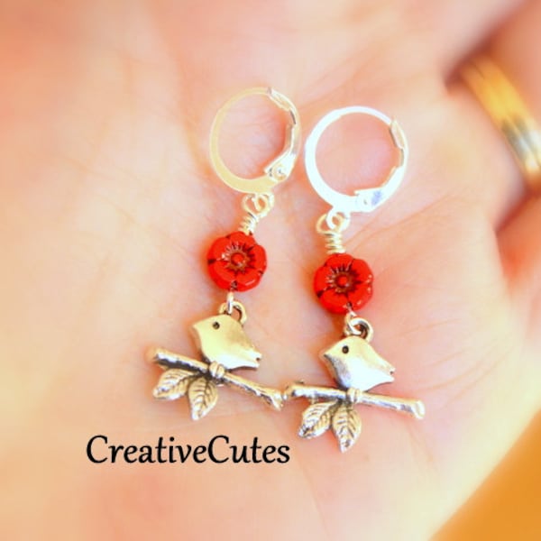 Dainty Silver Bird Earrings, Tiny Red Czech Glass Flower Beads, Petite Boho Bird Dangles, Fun Bohemian Hippie Chic Style!