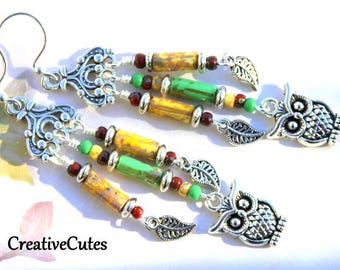 Bohemian Owl Earrings, Silver Bird & Leaf Dangles, Colorful Czech Glass Rustic Beads, Boho Owl Jewelry, Owl Lover Gift, Chandelier Earrings