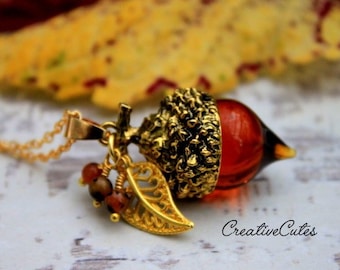 Rustic Acorn Pendant Necklace, Glass Acorn with Gold Cap, Gold Leaf Charm, Tiny Dendritic Opal Gemstone Beads, Autumn Boho Jewelry
