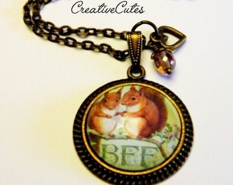 BFF Friend Art Pendant Necklace, Vintage Style Rustic Brass, Rustic Squirrels Graphic under Glass, Cute Rustic Boho Friendship Necklace