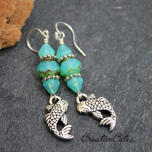 Boho Koi Fish Earring Dangles, Aqua Blue Czech Glass Beads, Quality Silver Koi Charms, Asian Koinobori Carp, Cute Bohemian Hippie Chic