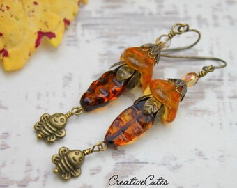 Rustic Boho Bee Earring Dangles, Warm Honey Czech Glass Flower Beads, Tiny Brass Bumble Bees, Save the Bees, Bee Lover Gift