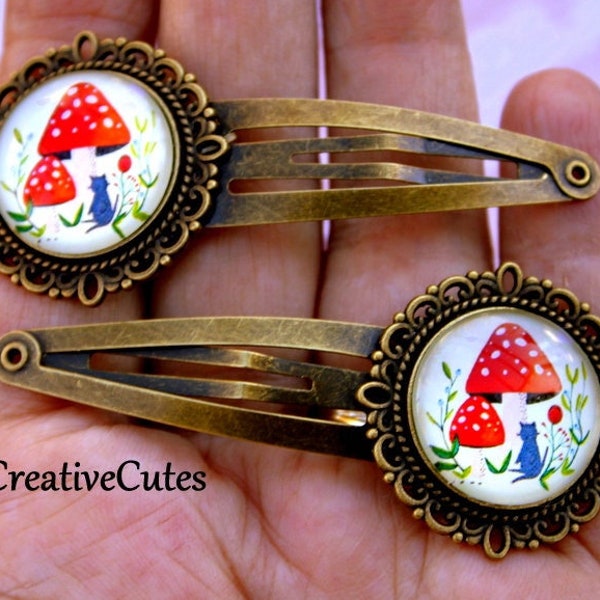 Cute Mushroom Hair Clips, Set of 2 Brass Snap Clips, Gray Kitty & Red Mushroom Glass Images, Boho Hippie Hair Clips for Girls, Hair Jewelry