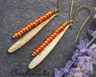 Bright Orange Bead Earrings, Metallic Orange Czech Seed Bead Dangles,  Rustic Bronze Leaf Earrings, Cute Earthy Bohemian Earrings