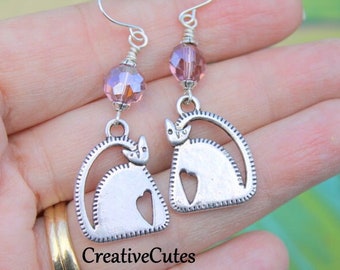 Cute Silver Cat Earrings, Boho Kitty Cat Dangles, Dark Pink Crystal Earring, Cat Lover Jewelry Gift, Heart Cat Charm Dangles, Kitty Earrings