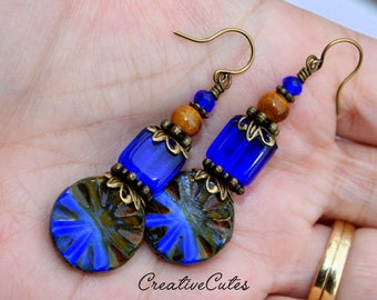 Rustic Boho Cobalt Blue Earrings, Unique Czech Glass Beads, Brown Ceramic Beads, Rustic Bronze Earrings, Colorful Bohemian Beaded Dangles