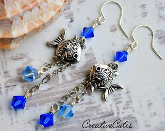 Silver Crystal Fish Earrings, Sparkling Blue Swarovski Crystal Dangle Earrings, Cute Boho Fish Earrings, Bohemian Tropical Fish Jewelry