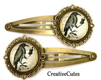 Rustic Gothic Raven Hair Clips, Set of 2 Brass Snap Clips, Black & White Reading Raven Images under Glass, Funky Steampunk Hair Clips