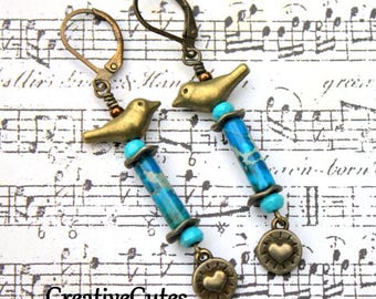 Turquoise Bird Earrings, Rustic Bird Dangles, Turquoise Jasper Beads, Tiny Birds & Heart Charms, Simple Dainty Earrings, Folk Bird Jewelry