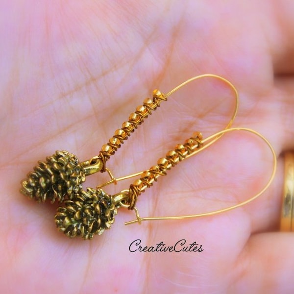 Rustic Gold Pine Cone Earring Dangles, Gold Czech Glass Beads Wire Wrapped onto Long Boho Kidney Ear Wires, Bohemian Hippie Chic Style