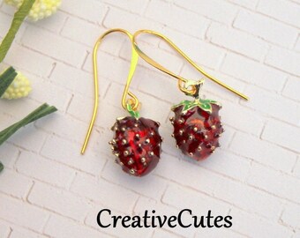 Adorable Dainty Strawberry Earrings, 3D Red Enamel Strawberries, Simple Petite Earrings, Tiny Strawberry Fruit Dangles, Cute Boho Earrings