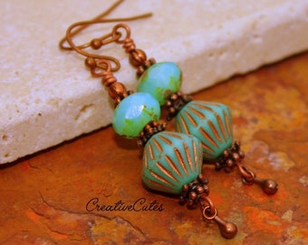 Rustic Boho Copper Earring Dangles, Minty Teal Green Czech Glass Beads, Rustic Copper Pendulums, Cute Bohemian Hippie Chic Style