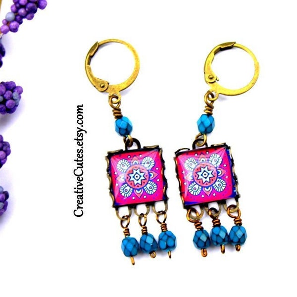Colorful Folk Art Tile Dangle Earrings, Pink & Blue Glass Tile Dangles, Czech Bead Earrings, Dainty Chandeliers, Cute Bohemian Jewelry Gift