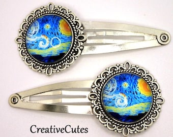 Starry Sky Colorful Hair Clips, Set of 2 Silver Snap Clips, Van Gogh Starry Sky Art Images under Glass, Unique Womens Boho Hair Clips