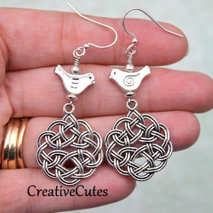 Silver Celtic Knot Earrings, Boho Silver Bird Earring Dangles, Cute Bohemian Jewelry, Irish Celtic Knot Jewelry, Celtic Jewelry Gift