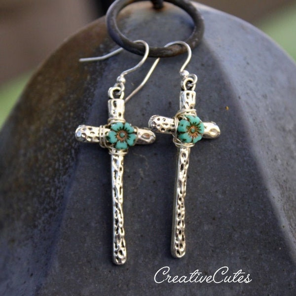 Silver Boho Cross Earrings, Turquoise Czech Flower Bead Crosses, Long Rustic Bohemian Hippie Christian Cross Earring Dangles
