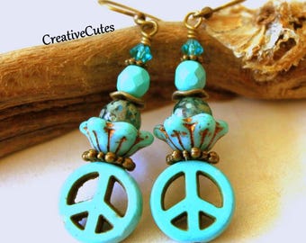 Turquoise Blue Peace Earrings, Bohemian Peace Dangles, Aqua Czech Glass & Crystal Beads, Rustic Hippie Earrings, Boho Peace Sign Jewelry