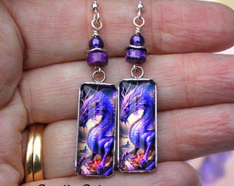 Purple Dragon Earrings, Dragon Art Jewelry, Dainty Gothic Dragon Dangles, Purple Jasper Beads, Medieval Gothic Cosplay Fantasy Dragons