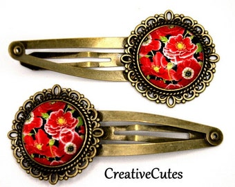 Colorful Poppy Flowers Hair Clips, Set of 2 Brass Spring Snap Clips, Red Poppies Art Images under Glass, Cute Bohemian Floral Hair Clips