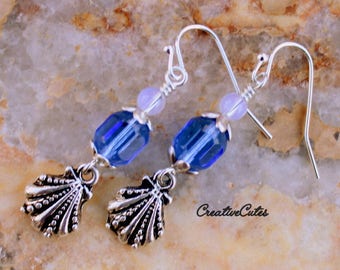 SALE ~ Dainty Silver Sea Shell Earrings, Opalite & Blue Czech Glass Beads, Rustic Scallop Shell Charms, Cute Boho Beach Vacation Earrings