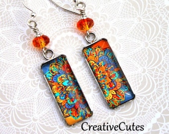 Boho Earrings Rectangle Orange Earrings Lightweight 3.75 Inch Long Boho Earrings Rectangle Orange Earrings Lightweight 3.75 Inch Long