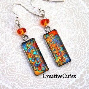 Colorful Boho Mandala Earrings, Orange Crystal Czech Bead Dangles, Dainty Glass Art Image Tiles, Unique Handmade Bohemian Hippie Jewelry