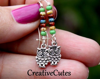 Dainty Boho Owl Earring Dangles, Wire Wrapped Colorful Czech Glass Beads, Tiny Silver Owl Earrings, Simple Bohemian Nature Earrings