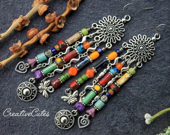 Colorful Rainbow Chandelier Earrings, Silver Bees, Hearts & Flowers, Multi Color Czech Bead Earring Dangles, Long Bohemian Beaded Earrings