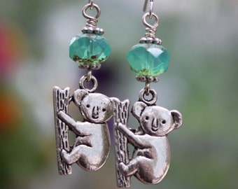 Koala Bear Earrings, Aqua Czech Glass Bead Dangles, Silver Koala Bear Charms, Bohemian Zoo Animal Jewelry, Koala Lover Gift