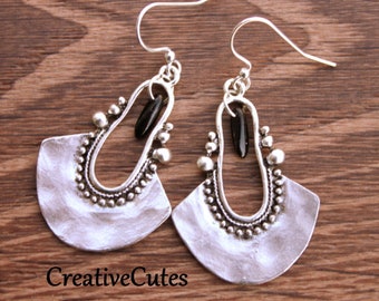 Boho Silver Gypsy Earrings, Black Czech Bead Dangle Earrings, Modern Silver Fan Drop Earrings, Cute Bohemian Hippie Earring Dangles