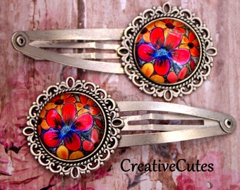 Fancy Bright Pink Flower Hair Clips, Set of 2 Silver Spring Snap Clips, Cute Boho Glass Domed Flower Hair Clip Set for Women & Girls