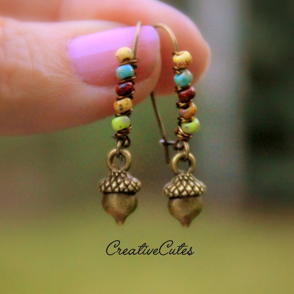 Cute Boho Acorn Earring Dangles, Beaded Wire Wrapped Ear Wires, Tiny Earth Tone Czech Beads, Brass Acorn Charms, Cute Bohemian Hippie Chic!