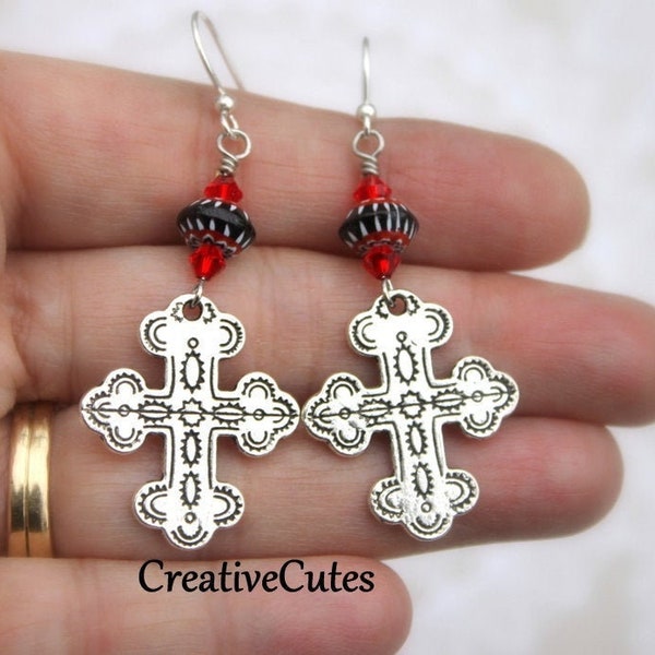 Silver Boho Cross Earrings, Red Crystal & Black Bohemian Glass Bead Dangles, Rustic Detailed Latin Crosses, Southwest Hippie Christian Cross