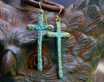 Rustic Turquoise Boho Cross Earrings, Long Turquoise Patina Brass Cross Dangles, Unique, Simple Bohemian Hippie Chic Jewelry