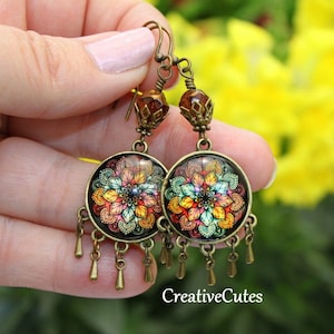 Rustic Mandala Earrings, Earthy Colorful Mandala Jewelry, Boho Czech Bead Chandelier Earrings, Glass Mandala Dangles, Cute Bohemian Earrings
